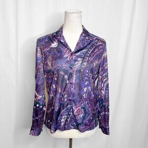 Gilda of California Vintage 70s Paisley Polyester Blouse Collared Long Sleeve